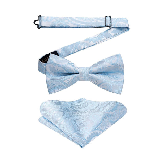 Hisdern Light Blue Paisley Pre-Tied Bow Tie Set for Wedding