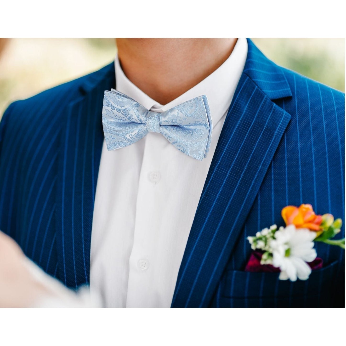 Hisdern Light Blue Paisley Pre-Tied Bow Tie Set for Wedding