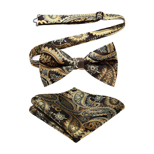 Hisdern Vintage Brown Paisley Pre-Tied Bow Tie Set for Wedding