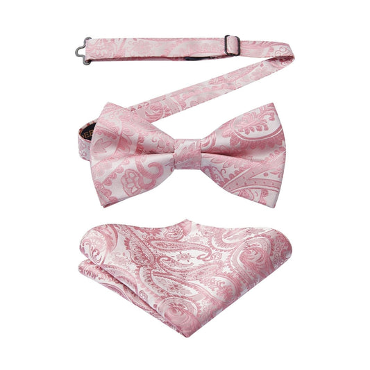 Hisdern Pink Paisley Pre-Tied Bow Tie Set for Wedding