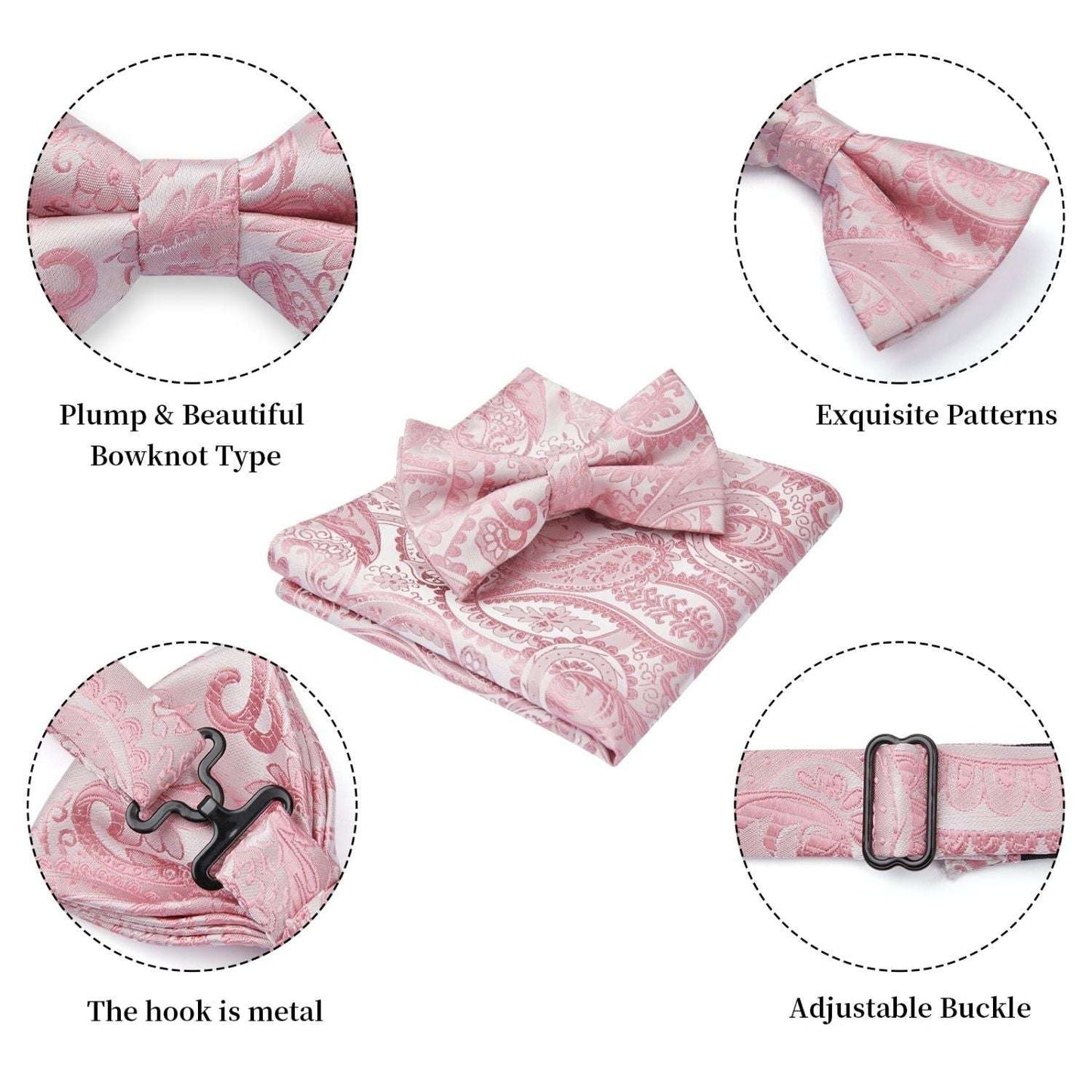 Hisdern Pink Paisley Pre-Tied Bow Tie Set for Wedding