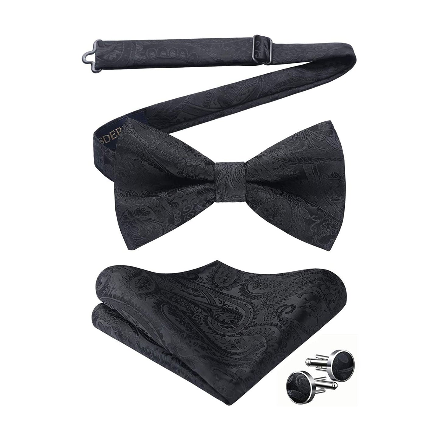 Hisdern Black Paisley Pre-Tied Bow Tie Handkerchief with Cufflinks