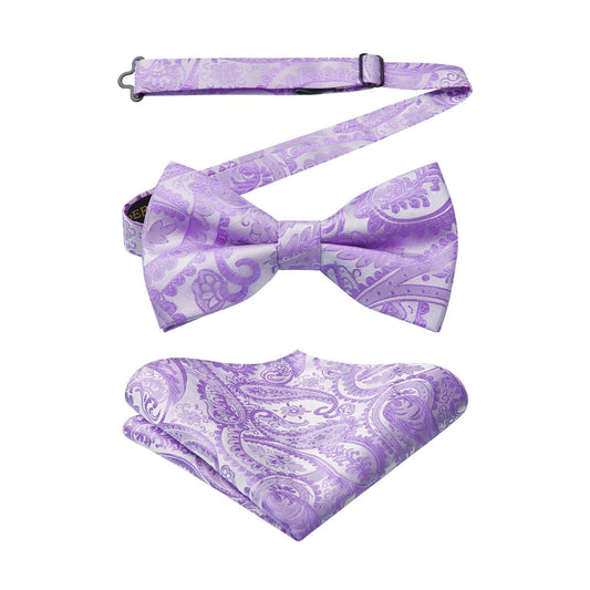 Hisdern Purple Paisley Pre-Tied Bow Tie Set for Wedding
