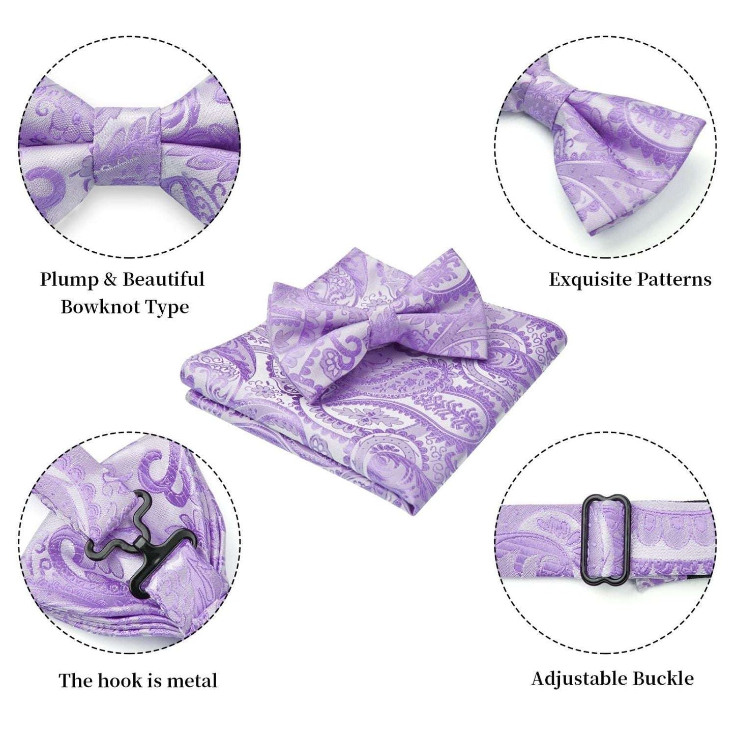 Hisdern Purple Paisley Pre-Tied Bow Tie Set for Wedding
