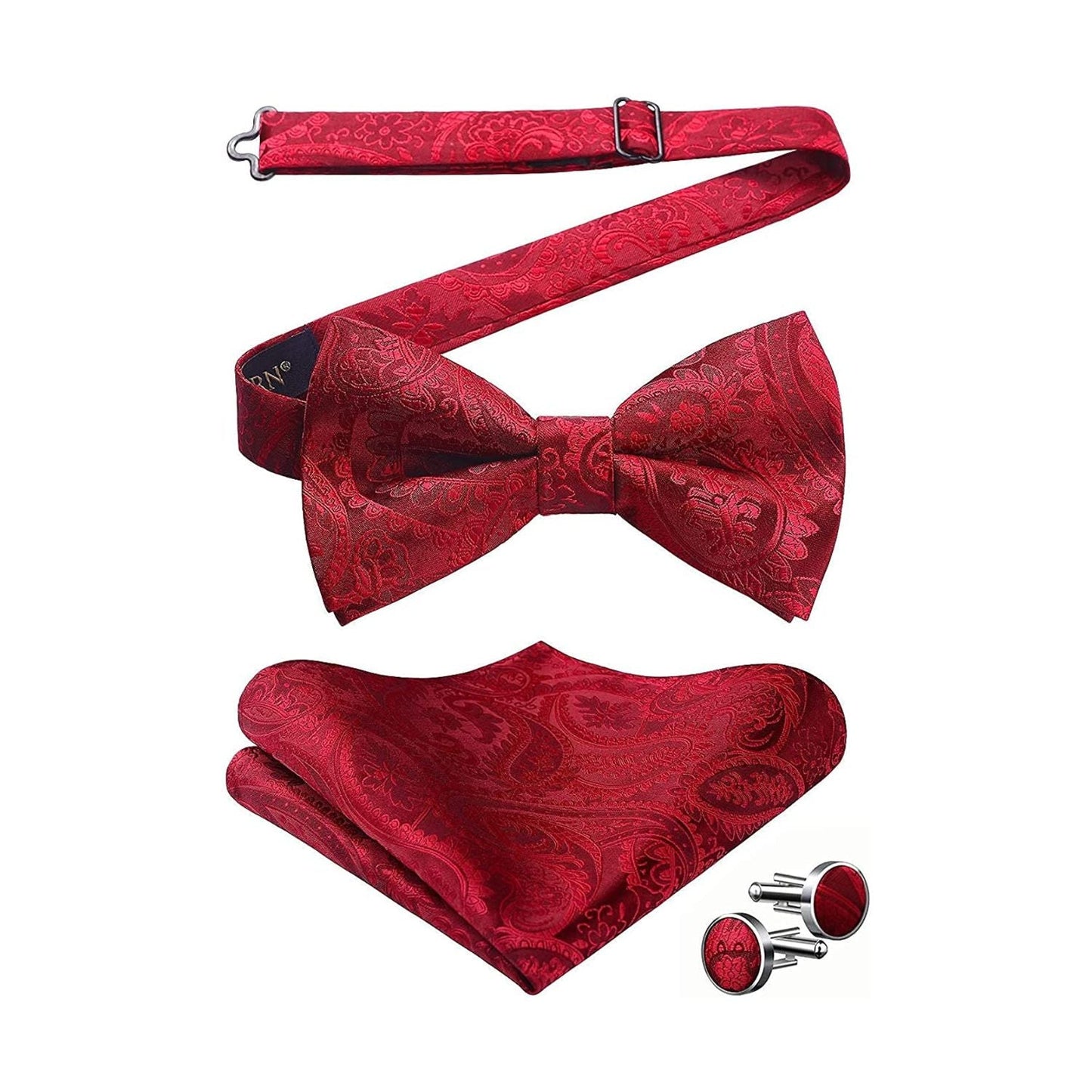 Hisdern Red Paisley Pre-Tied Bow Tie Handkerchief with Cufflinks