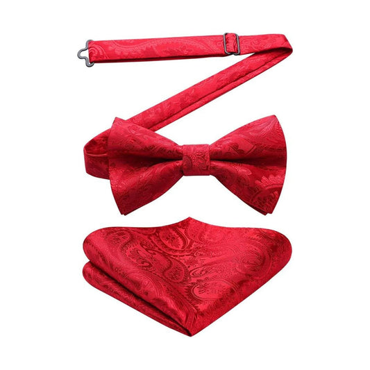 Hisdern Red Paisley Pre-Tied Bow Tie Set for Wedding