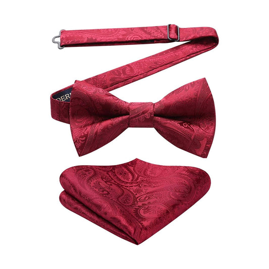 Hisdern Burgundy Paisley Pre-Tied Bow Tie Handkerchief For Evening Wear