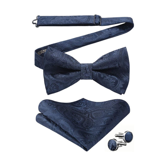 Hisdern Vintage Navy Blue Paisley Pre-Tied Bow Tie Handkerchief with Cufflinks