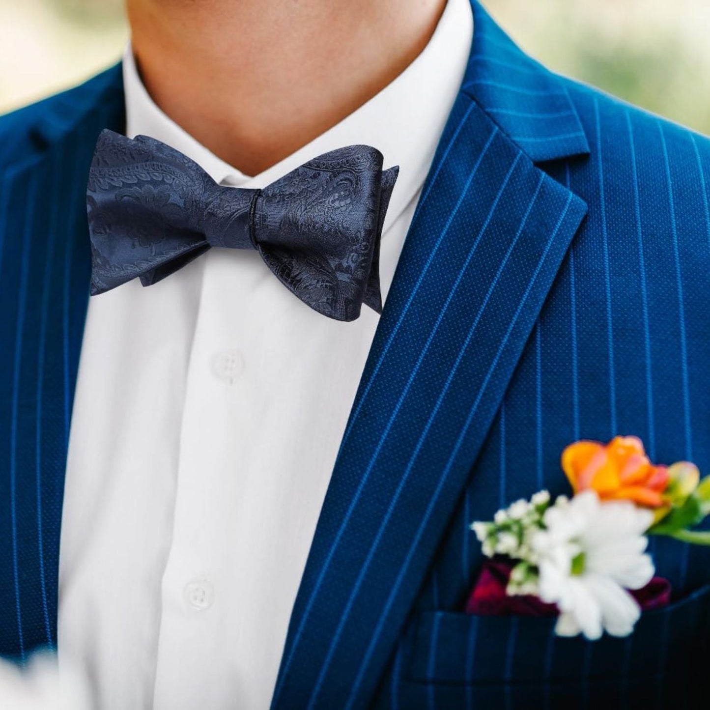 Hisdern Navy Blue Paisley Bow Tie Set Groomsmen Wedding