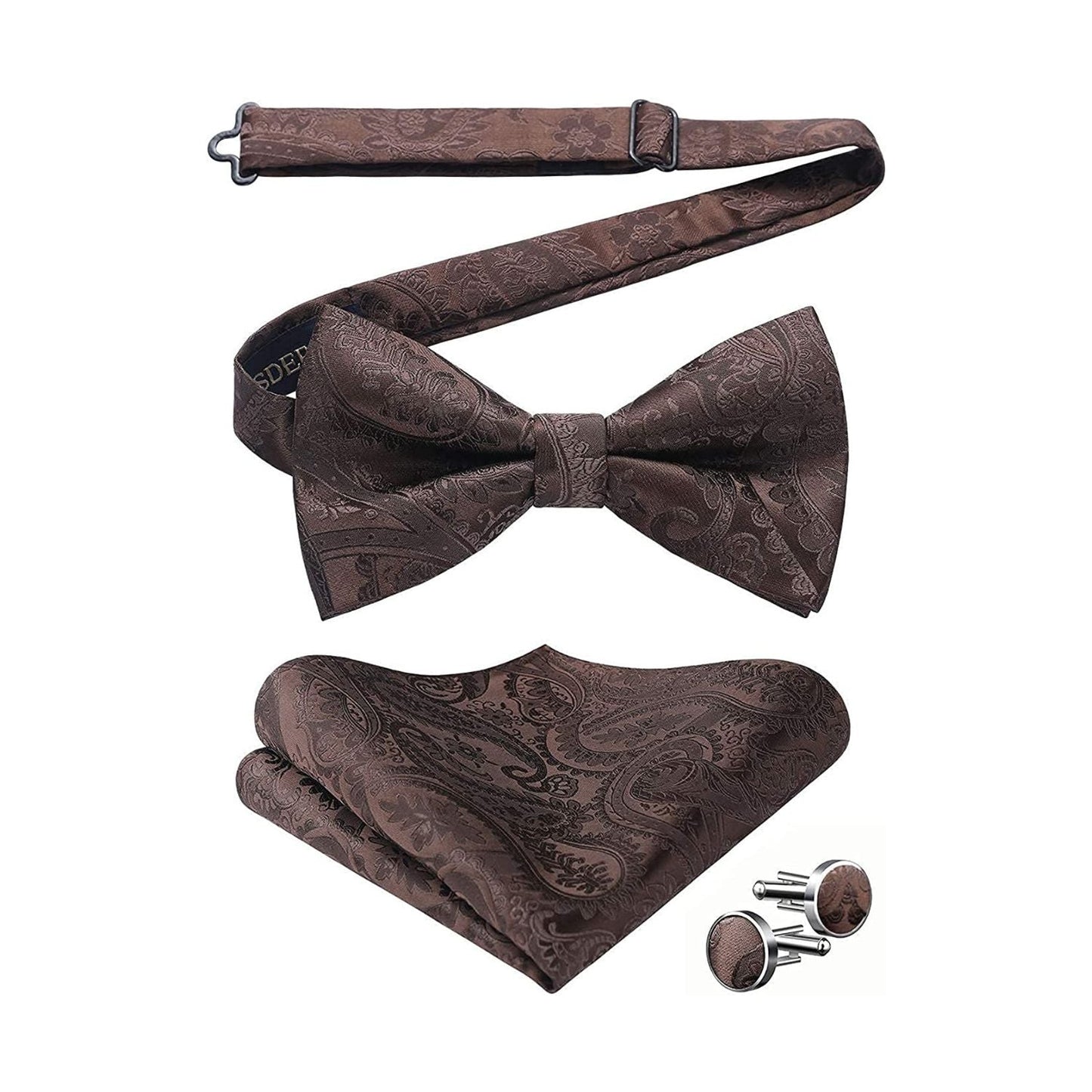 Hisdern Brown Paisley Pre-Tied Bow Tie Handkerchief with Cufflinks