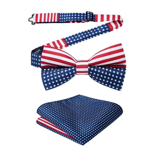 Hisdern Navy Blue Red Striped Pre-Tied Bow Tie Accessories Set For Evening Wear