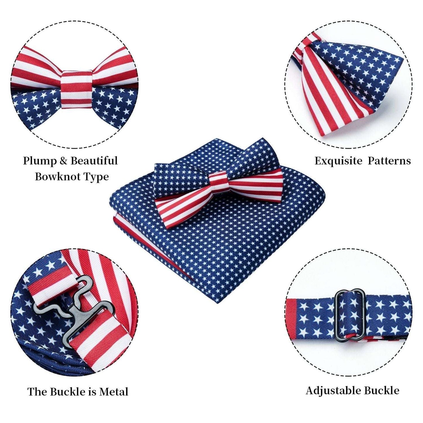 Hisdern Navy Blue Red Striped Pre-Tied Bow Tie Accessories Set For Evening Wear
