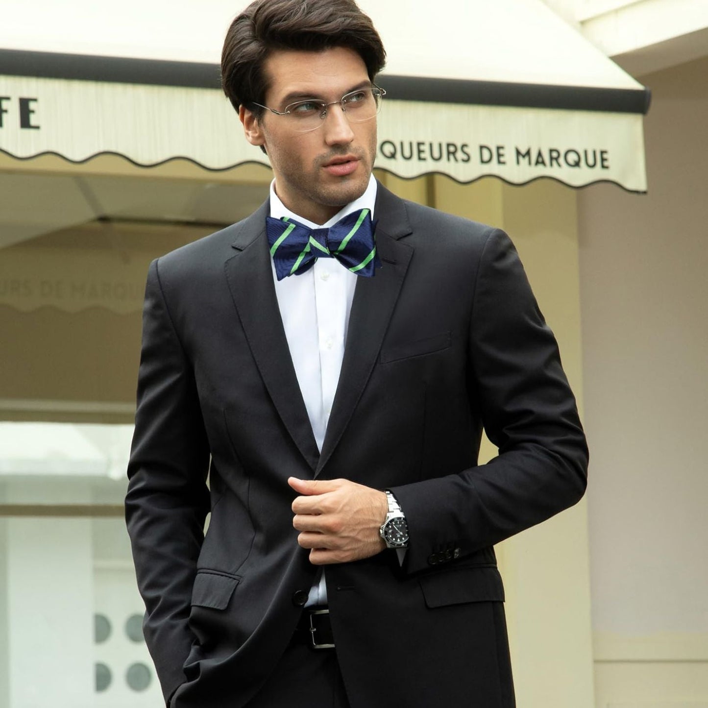 Hisdern Green Blue Striped Bow Tie Accessories Set For Evening Wear