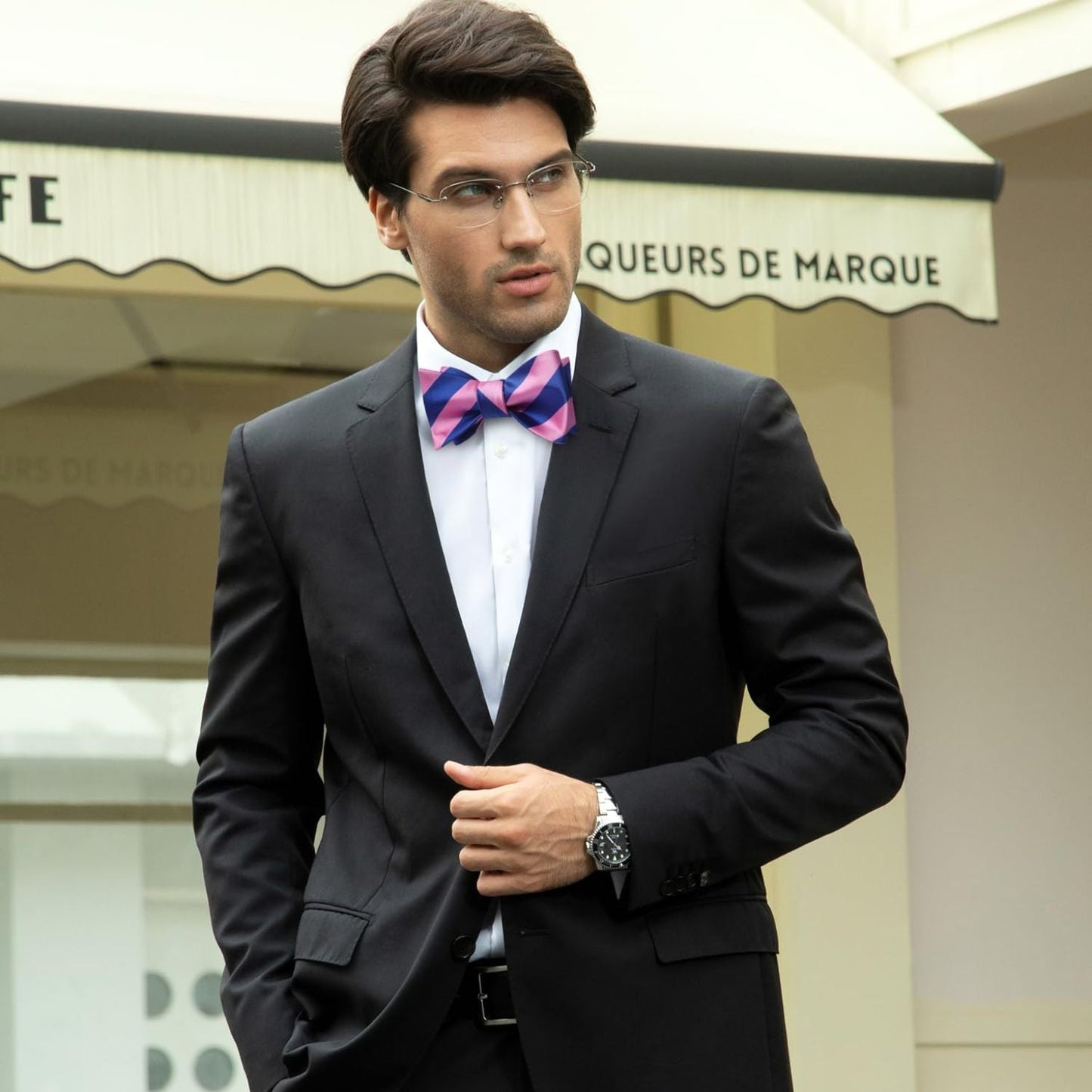 Hisdern Pink Blue Striped Bow Tie Accessories Set For Evening Wear