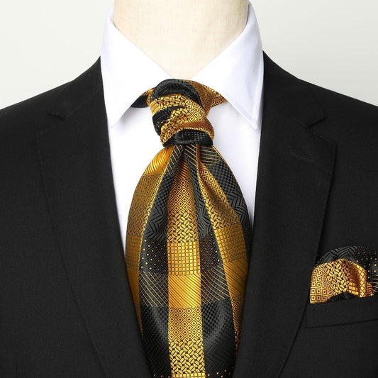 Hisdern Gold Checkered Men’s Neckwear for Casual Style