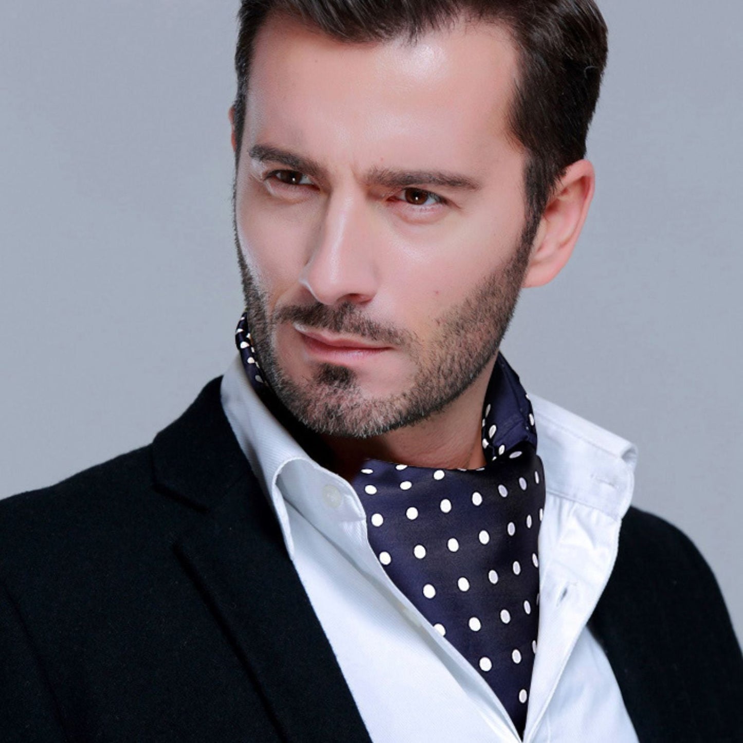 Hisdern Polka Dot Ascot Navy Blue Cravat for Men Vintage Style Neckwear