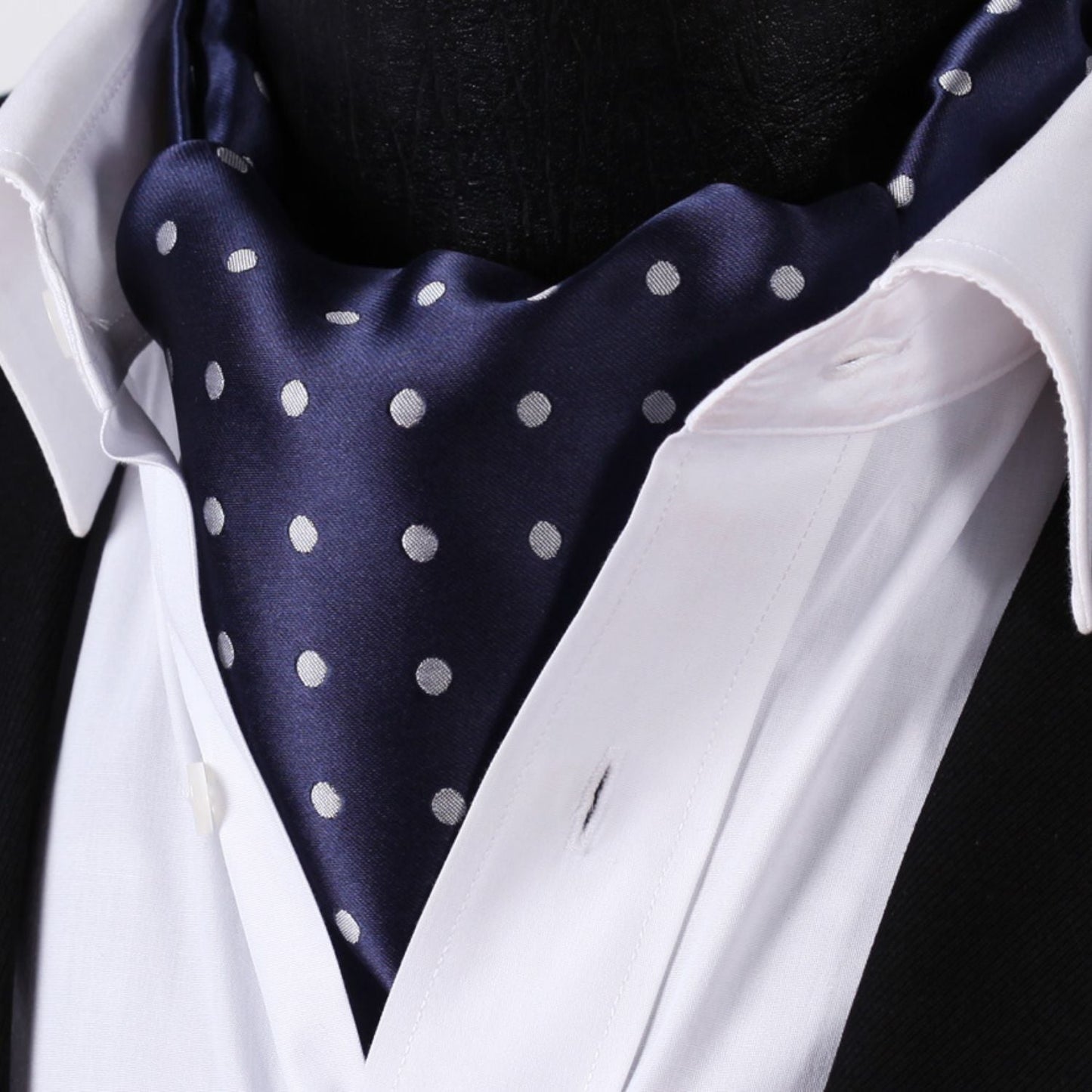 Hisdern Polka Dot Ascot Navy Blue Cravat for Men Vintage Style Neckwear