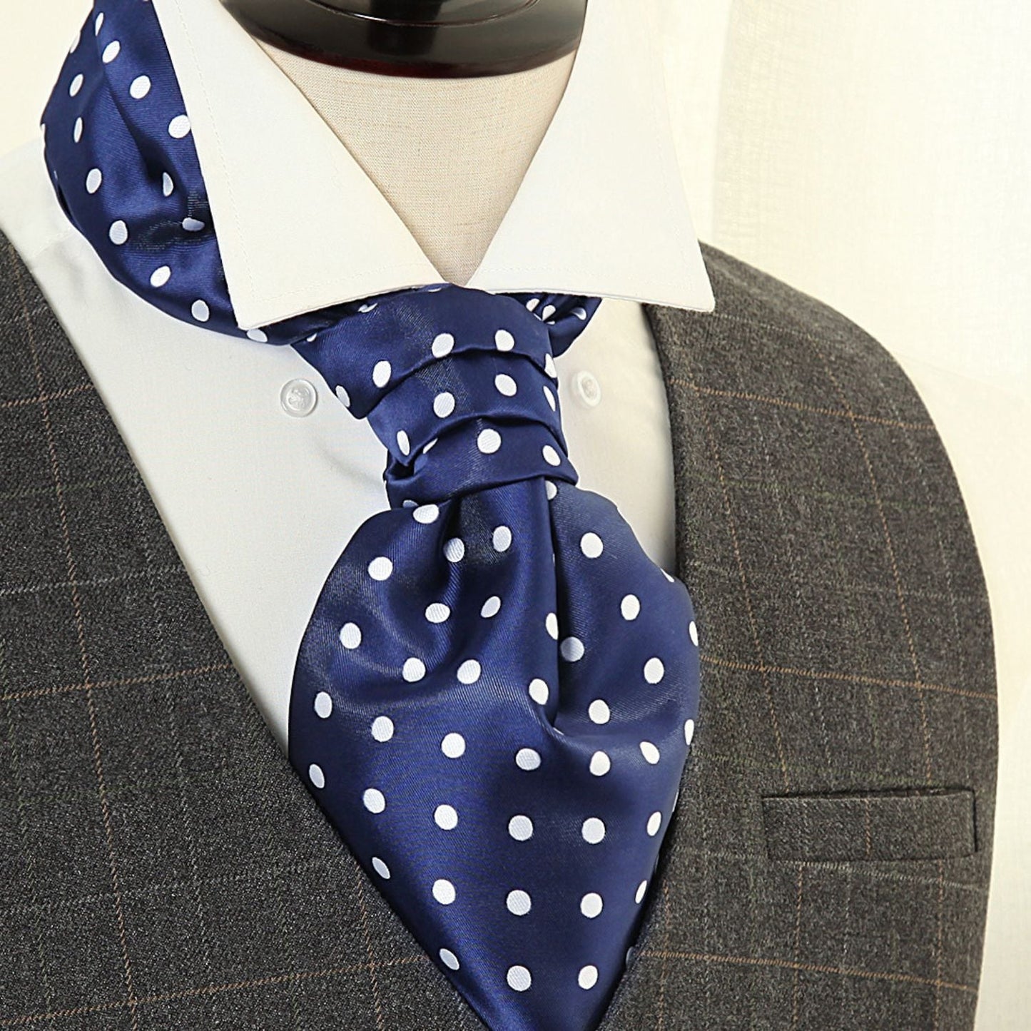 Hisdern Polka Dot Ascot Navy Blue Cravat for Men Vintage Style Neckwear