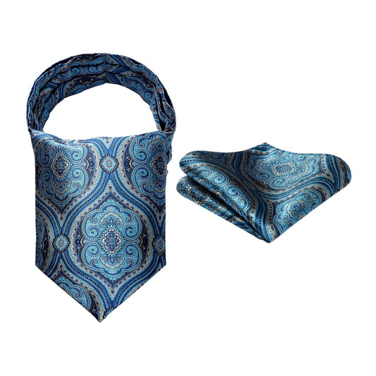 Hisdern Paisley Ascot Cravat for Men Blue Beige Formal Neckwear