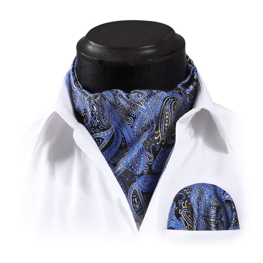 Hisdern Paisley Ascot Cravat for Men Blue Beige Formal Neckwear