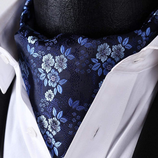 Hisdern Floral Navy Blue Ascot Cravat for Men Wedding Formal