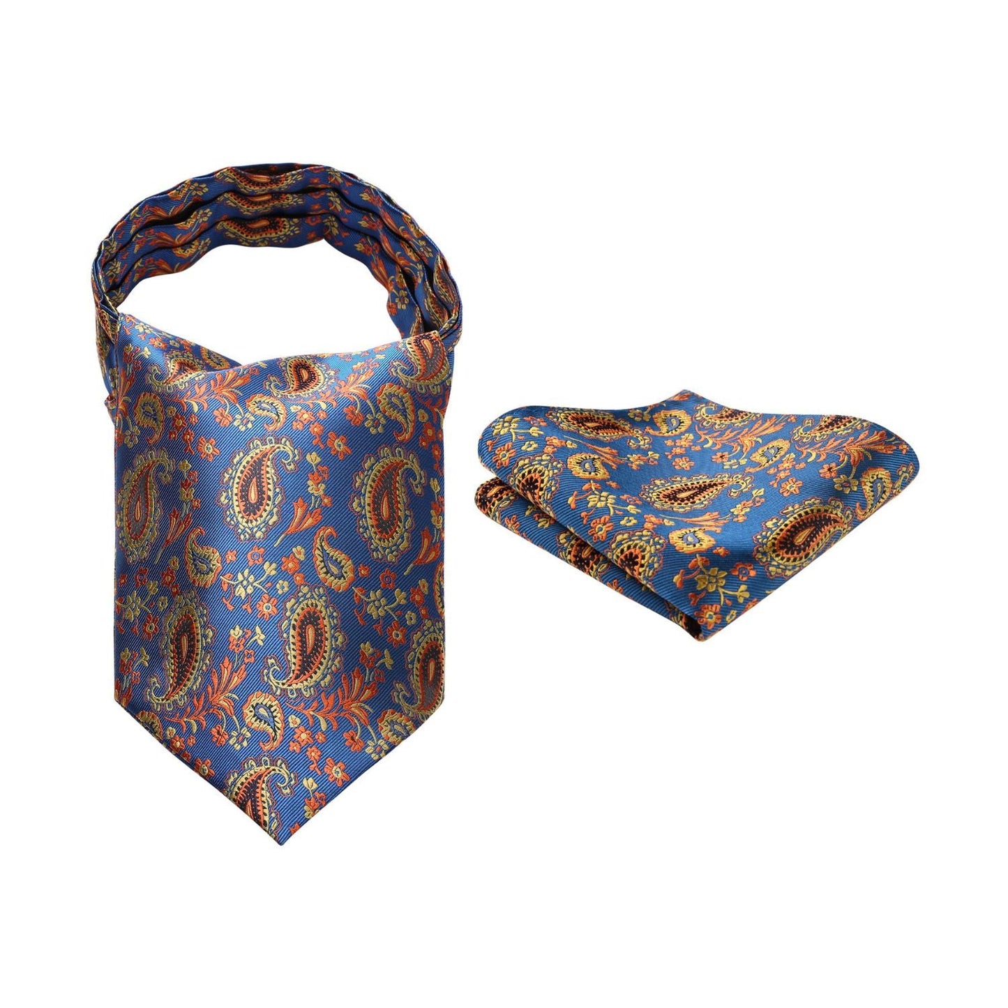 Hisdern Paisley Ascot Cravat for Men Blue Orange Formal Neckwear