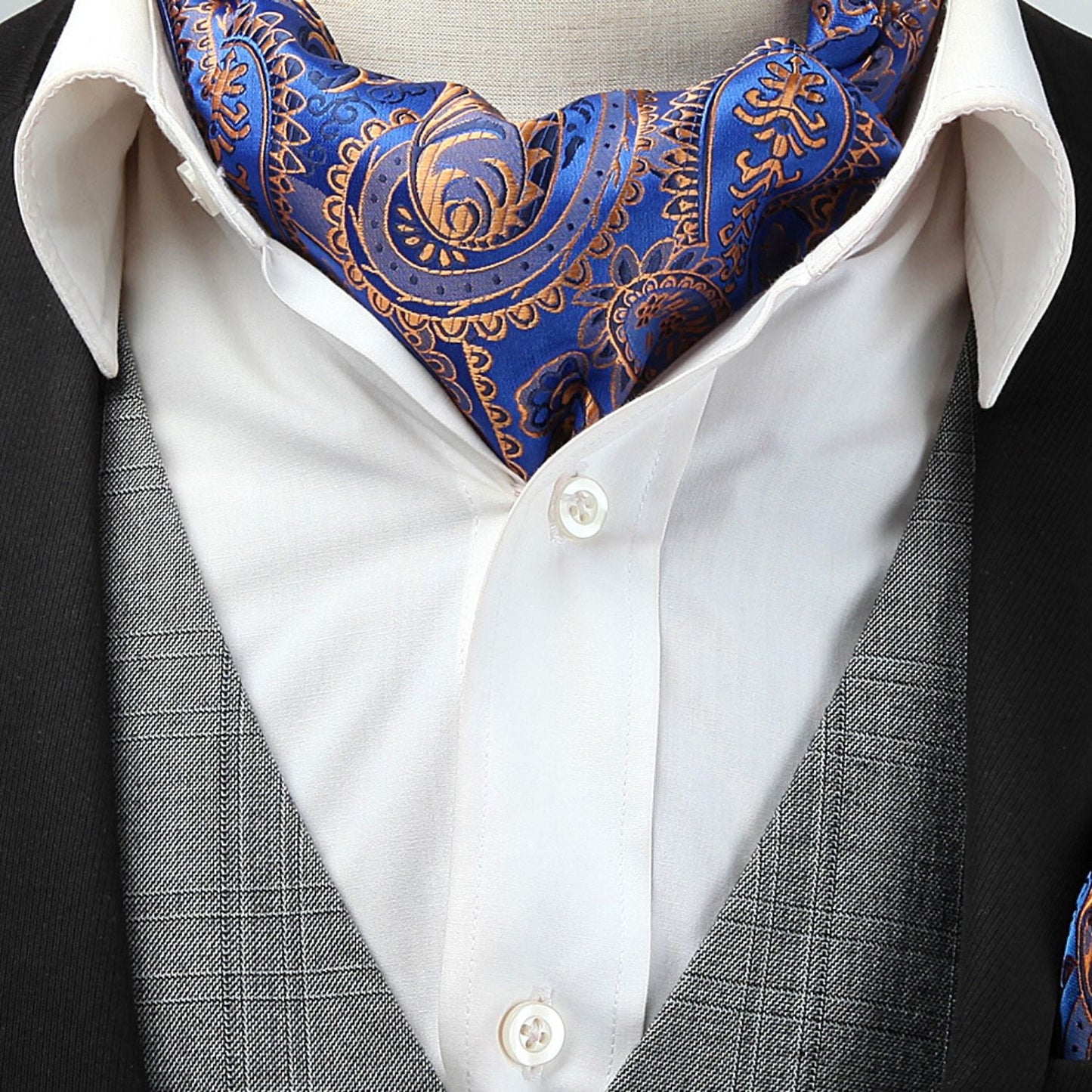Hisdern Floral Blue Gold Ascot Cravat for Men Wedding Formal