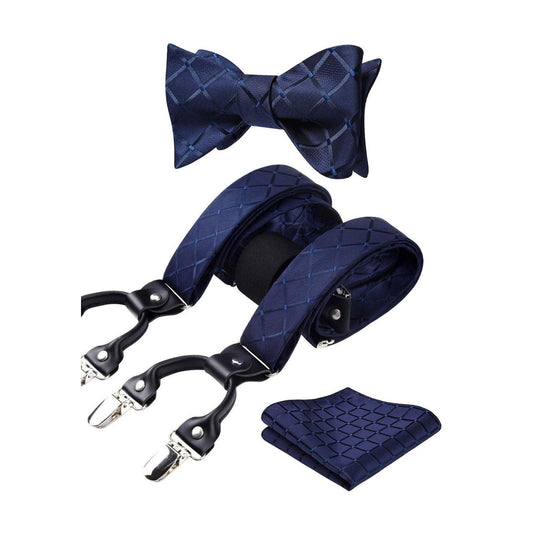 Hisdern Plaid Suspenders Bow Tie Set Navy Blue Pattern Accessories