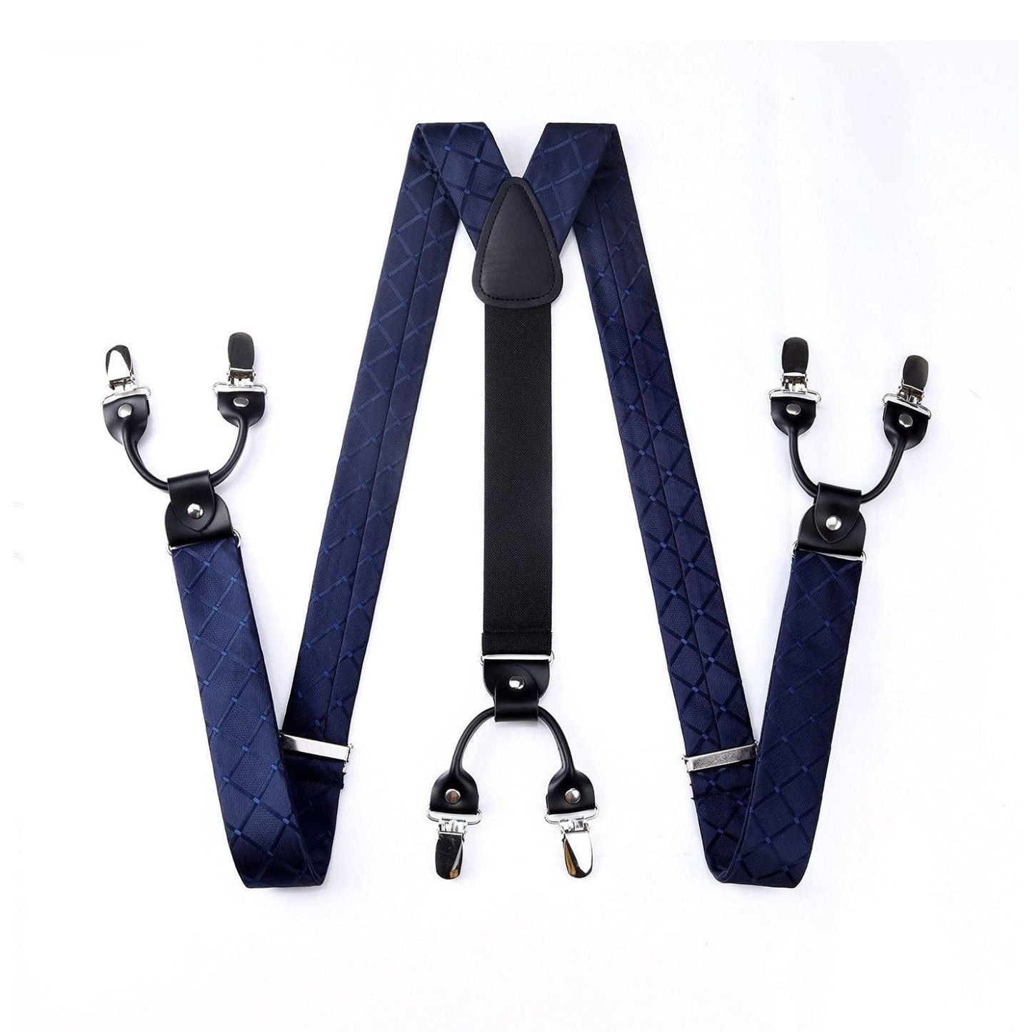 Hisdern Plaid Suspenders Bow Tie Set Navy Blue Pattern Accessories