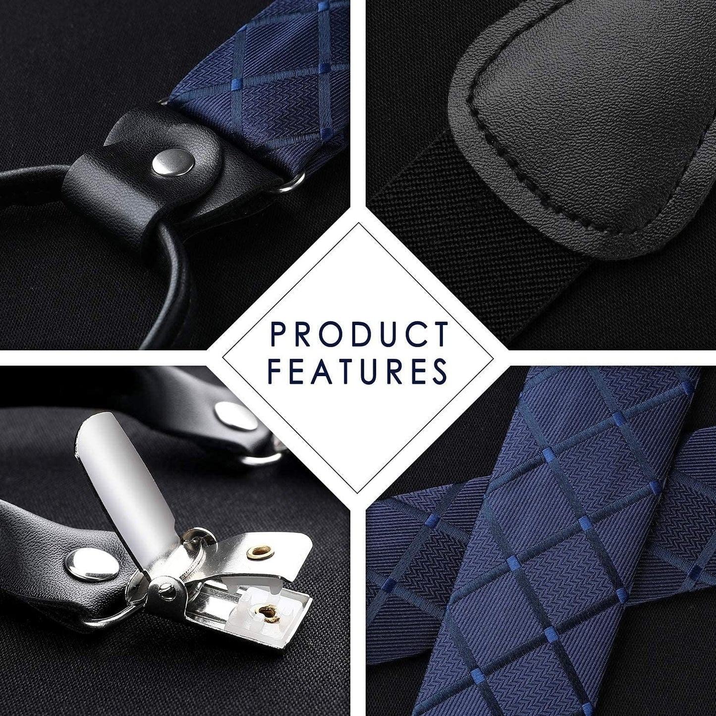 Hisdern Plaid Suspenders Bow Tie Set Navy Blue Pattern Accessories