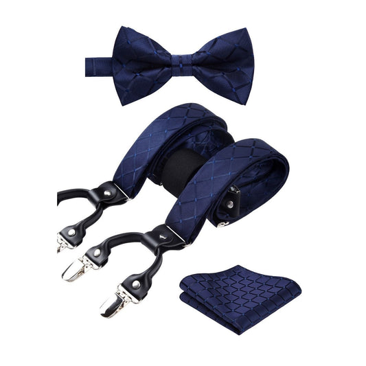 Hisdern Plaid Suspenders Pre-tied Bow Tie Set Navy Blue Pattern Accessories
