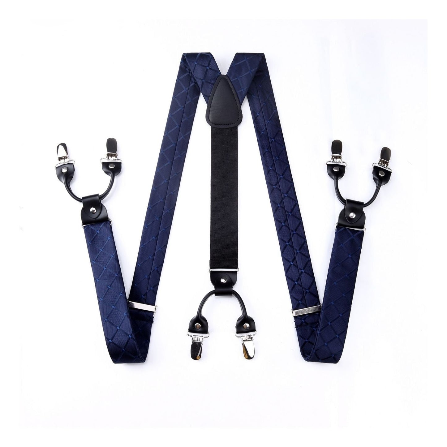 Hisdern Plaid Suspenders Pre-tied Bow Tie Set Navy Blue Pattern Accessories