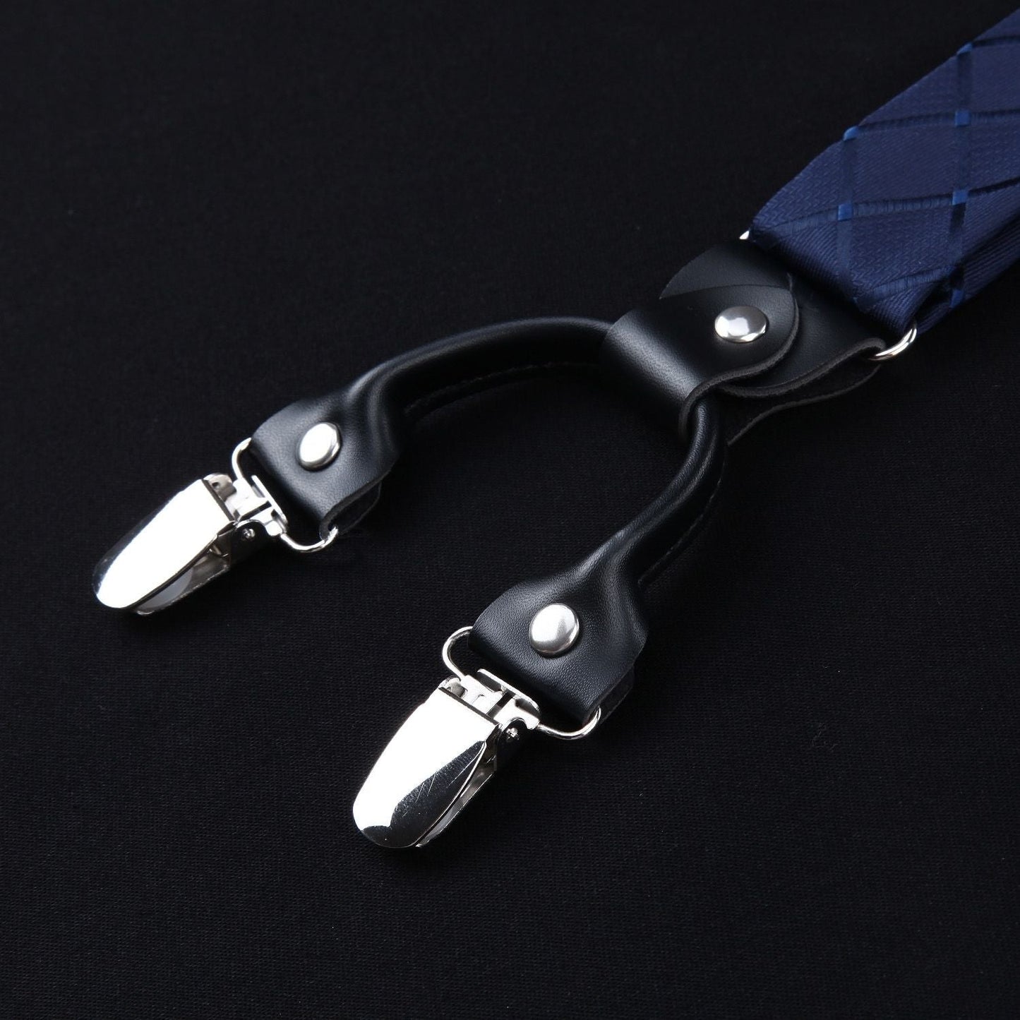 Hisdern Plaid Suspenders Pre-tied Bow Tie Set Navy Blue Pattern Accessories