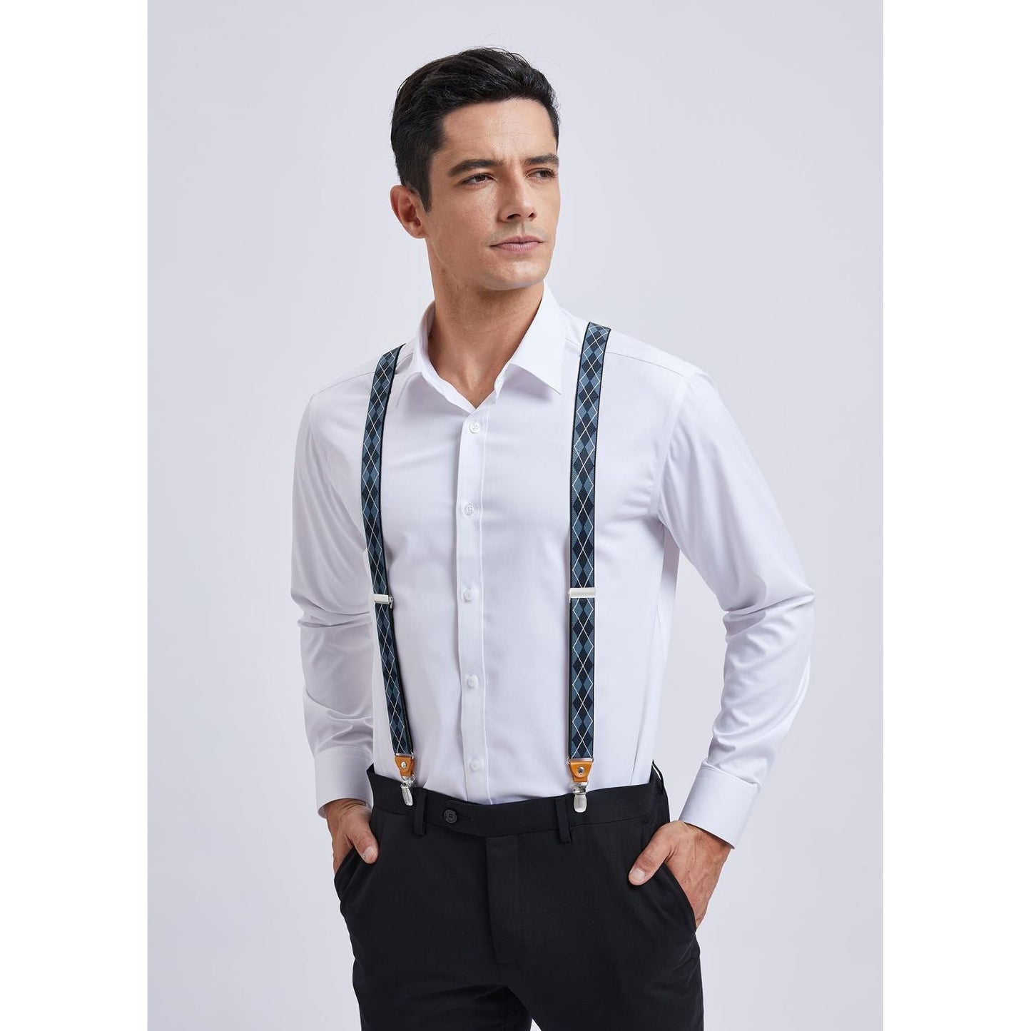 Hisdern 1.0 Inch Adjustable Suspender Blue with 4-Clip for Formal Pants