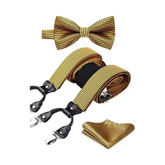 Hisdern Plaid Suspenders Pre-tied Bow Tie Set Gold Pattern Accessories