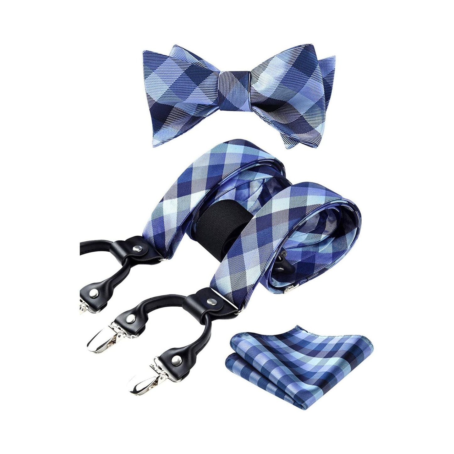 Hisdern Plaid Suspenders Bow Tie Set Blue Pattern Accessories