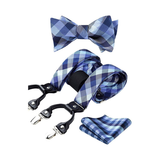 Hisdern Plaid Suspenders Bow Tie Set Blue Pattern Accessories