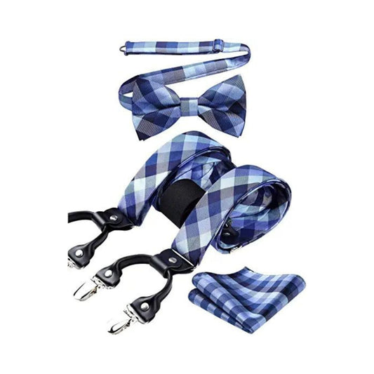 Hisdern Plaid Suspenders Pre-tied Bow Tie Set Blue Pattern Accessories