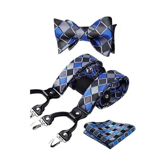 Hisdern Plaid Suspenders Bow Tie Set Blue Pattern Accessories
