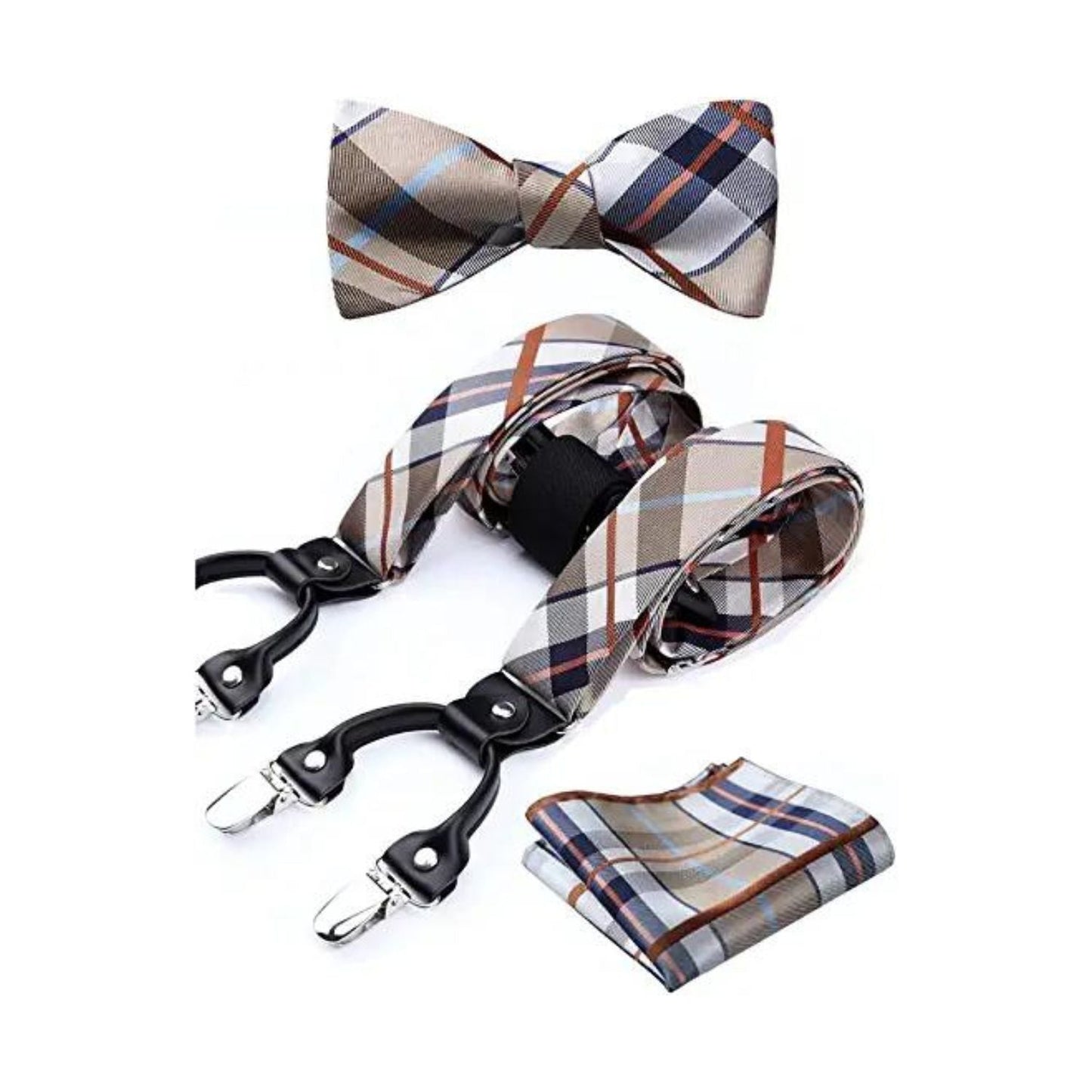 Hisdern Plaid Suspenders Bow Tie Set Khaki Pattern Accessories