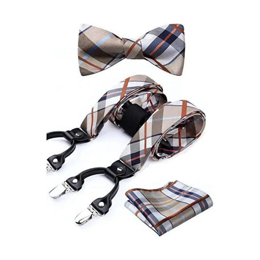 Hisdern Plaid Suspenders Bow Tie Set Khaki Pattern Accessories
