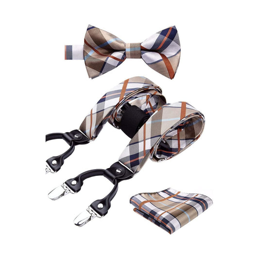 Hisdern Plaid Suspenders Pre-tied Bow Tie Set Maroon Pattern Accessories