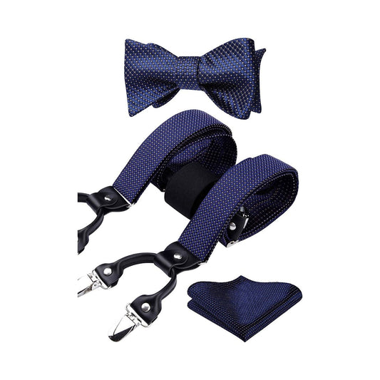 Hisdern Plaid Suspenders Bow Tie Set Navy Blue Pattern Accessories