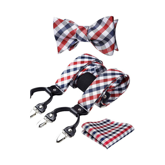 Hisdern Plaid Suspenders Bow Tie Set Red White Pattern Accessories