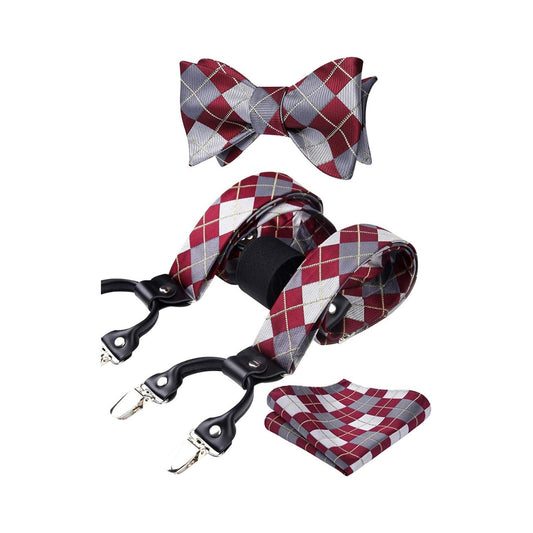 Hisdern Plaid Suspenders Bow Tie Set Burgundy Pattern Accessories