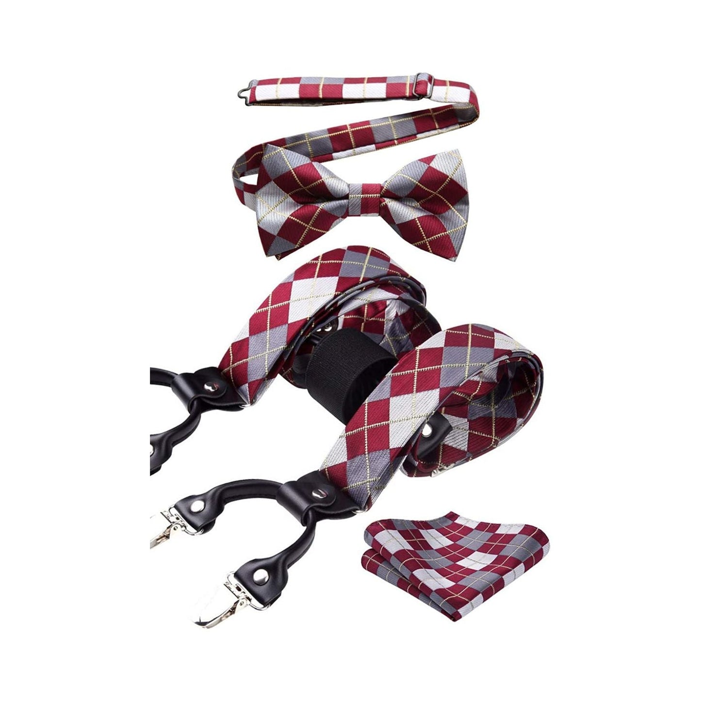 Hisdern Plaid Suspenders Pre-tied Bow Tie Set Red Pattern Accessories