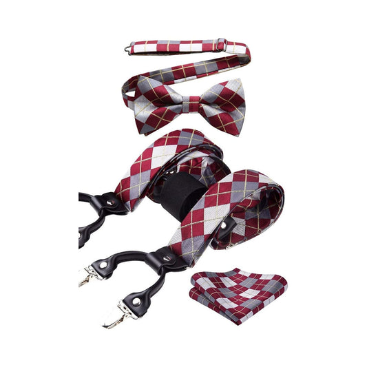 Hisdern Plaid Suspenders Pre-tied Bow Tie Set Red Pattern Accessories