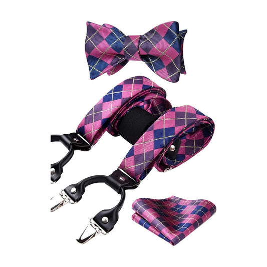 Hisdern Plaid Suspenders Bow Tie Set Hot Pink Pattern Accessories