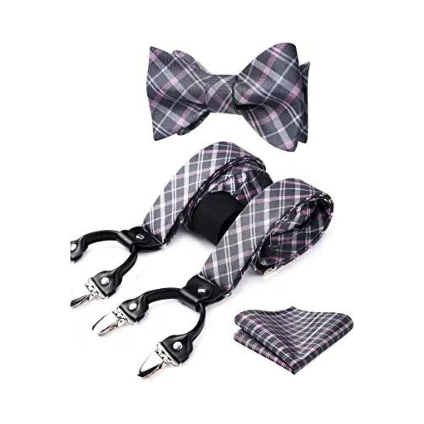 Hisdern Plaid Suspenders Bow Tie Set Pink Grey Pattern Accessories