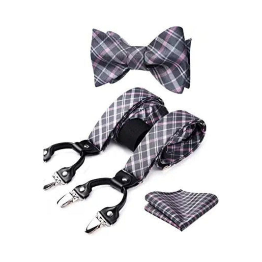 Hisdern Plaid Suspenders Bow Tie Set Pink Grey Pattern Accessories